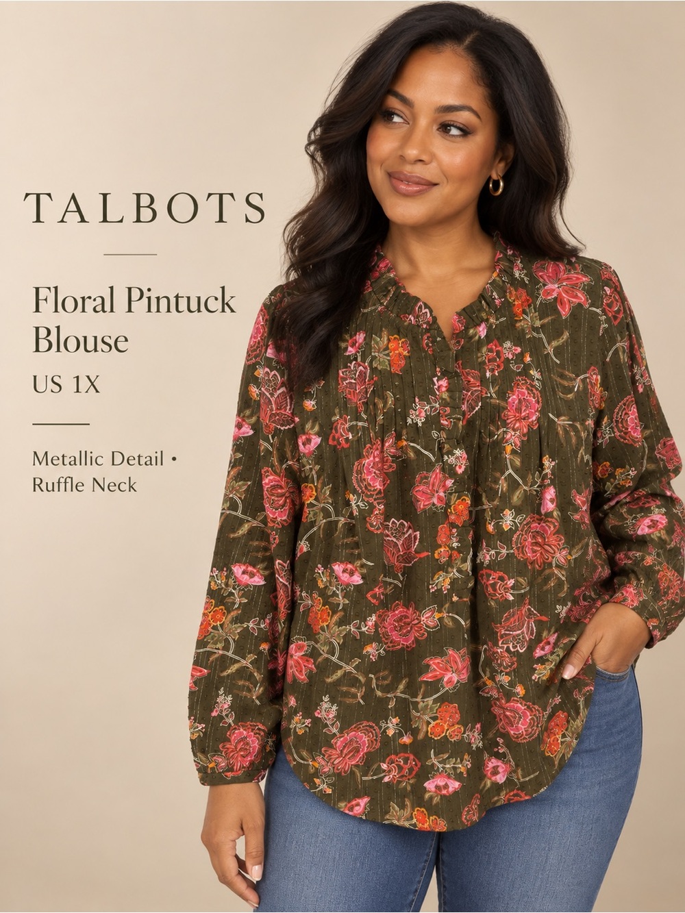 Talbots Plus 1X Floral Pintuck Metallic Ruffle Neck Blouse Olive